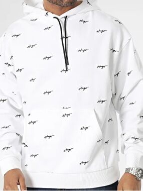 Hugo Boss White Hoodie with Black Script Accents Hugo Size Small